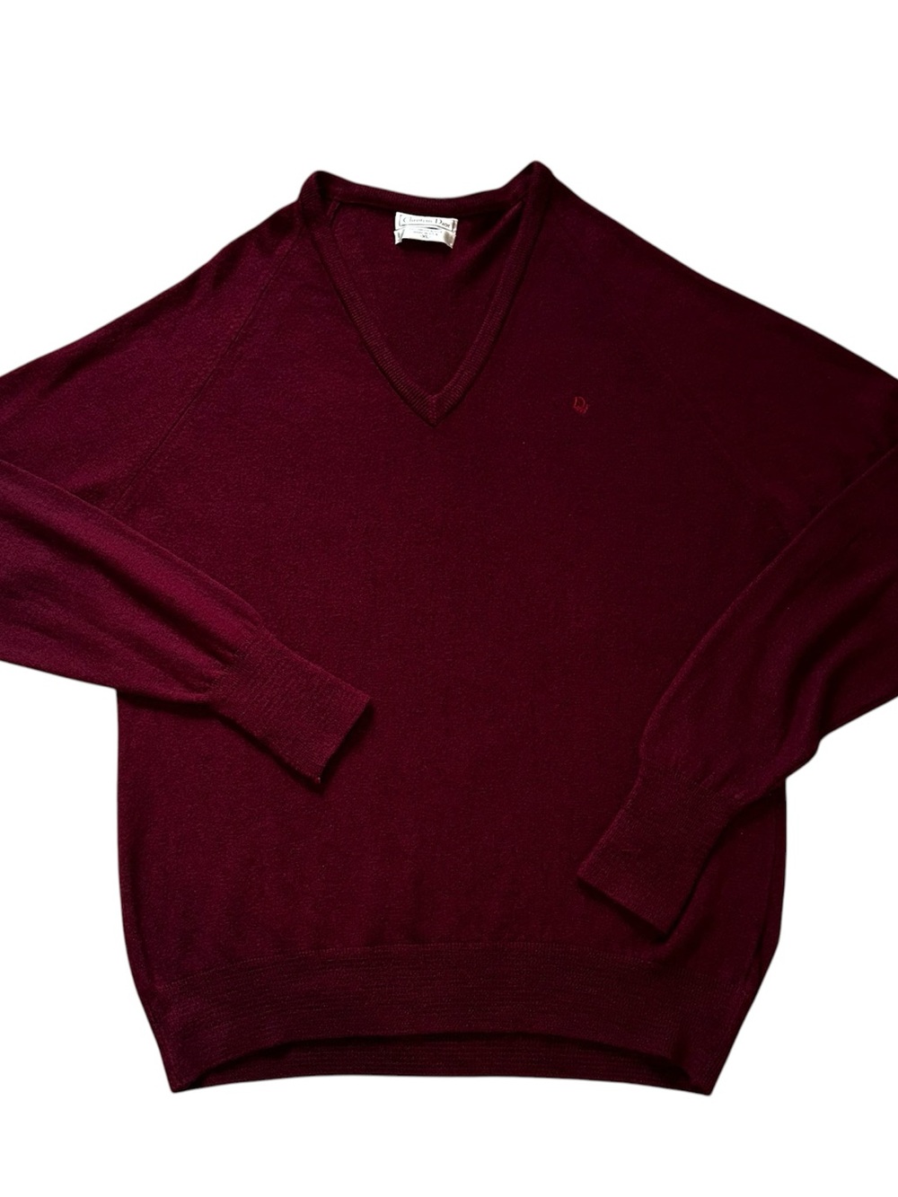 Vintage Christian Dior V-Neck Sweater Burgundy Orlon Acrylic USA Made - XL